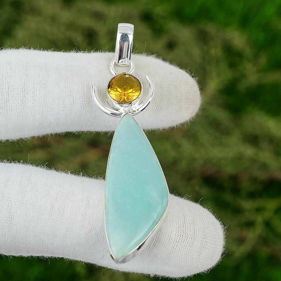 

Heart Chakra Trillion Amazonite Gemstone Citrine 925 Sterling Silver New Pendant