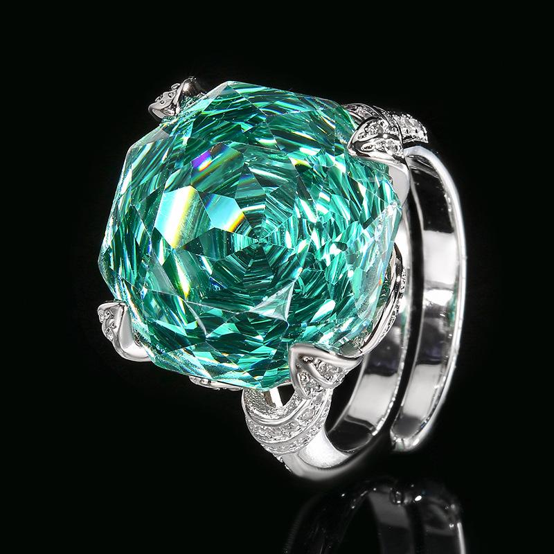 Jewelry Copper Bottom Gold-Plated Imitation Rose Cut Sea Blue Temperament Ring Main Stone 16Mm