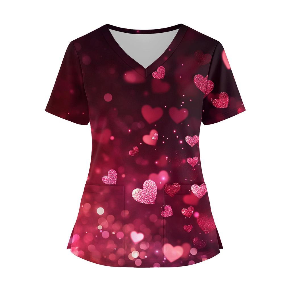 Damenmode V-Ausschnitt Kurzarm Overalls mit Taschen Print Tops Kleidung