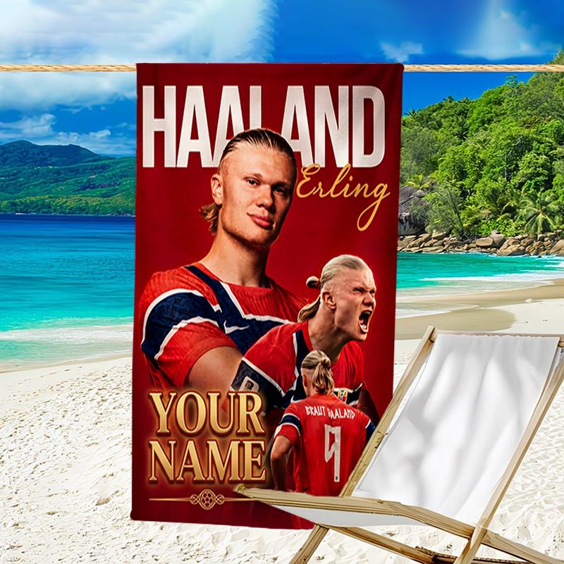 1pc Haaland Beach Towel with Custom Name, Beach and Seaside Swimming Pool Equipment, Fashion Pattern, Rectangular, Travel Essential