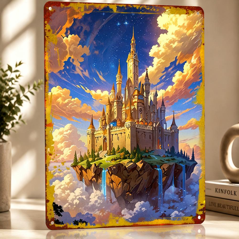 Fantasy Castle the Sky Personalized D Textured Metal Poster Wall Art Vintage Tin Signs for Luxury Decoration Home Decorations