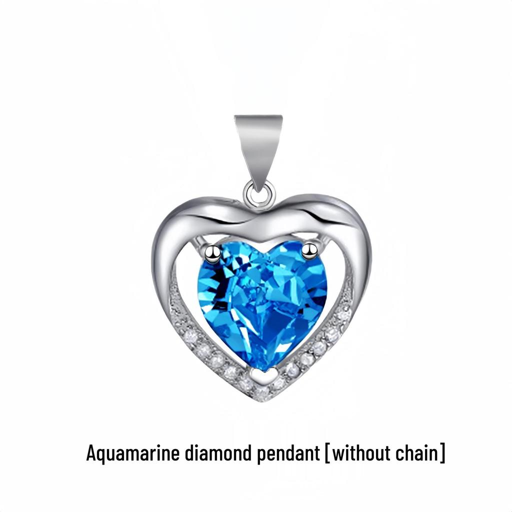 Korean Style Heart-Shaped Blue Crystal Necklace with Peach Heart Pendant