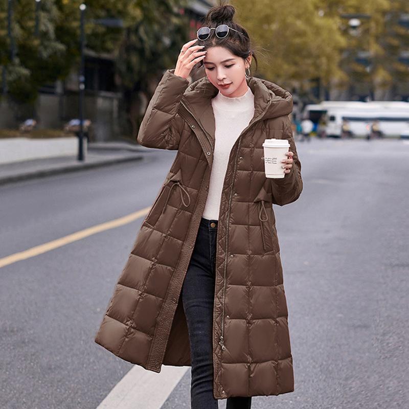 Down jacket women's medium and long winter new fashion warm waist thin foreign slim white duck down jacket
