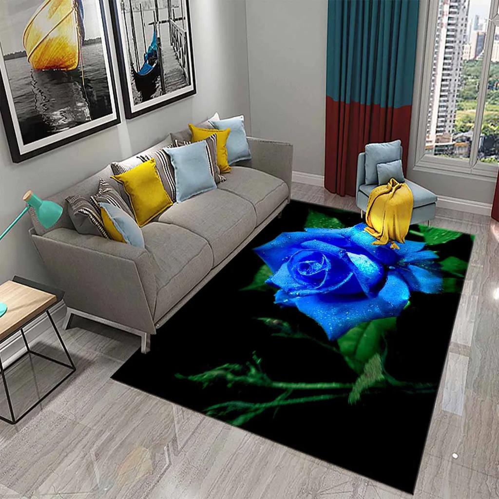 Blue Rose Rugs for Living Room Women Romantic Flower Carpet Soft Floor Mat Floral Rugs for Adults Bedroom Decorative Area Mats