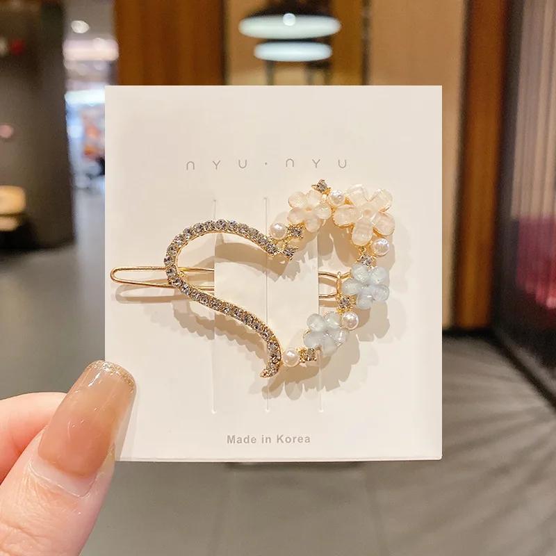 4pcs Sweet Colorful Rhinestone Pearl Hairpin Shinning Flower Heart Hair Clips Girls Side Barrettes Cute Pins Accessories