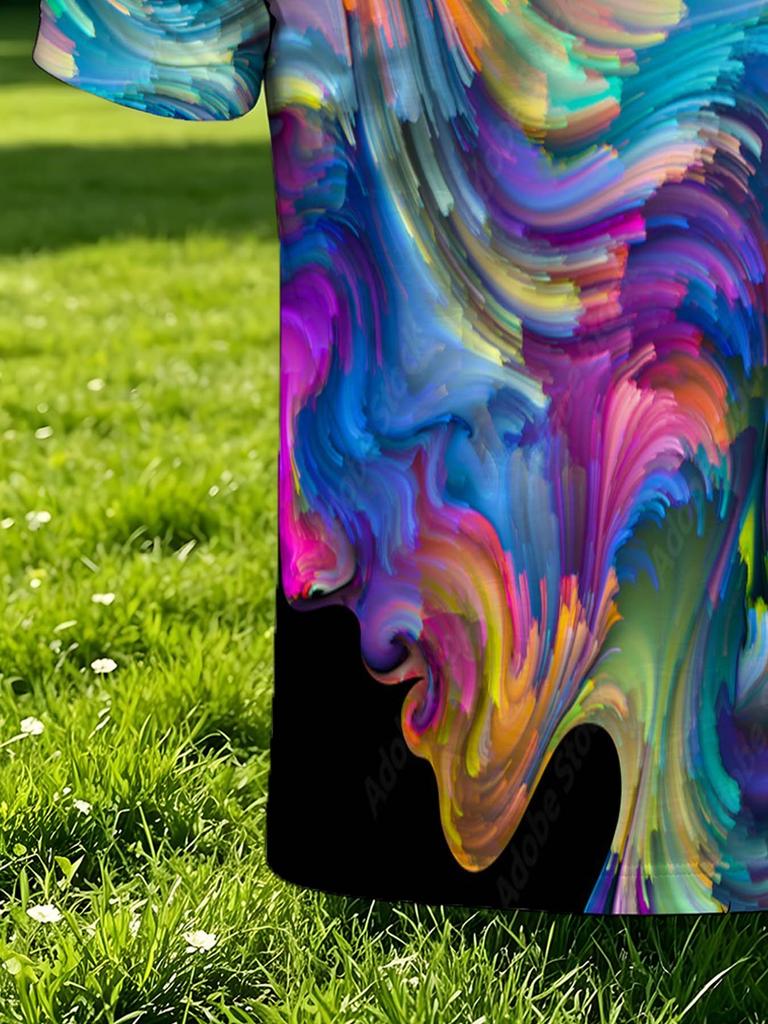 [Printed Design – Not Textured] Black Collar Rainbow Swirl Liquid Fluid Art Abstract All-Over Print Men's Polo Shirt