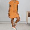 Yousheng Summer Dress V Neck Split Hem Loose Irregular Short Sleeves Solid Color Knee Length Pullover Casual Daily Wear Midi Dress