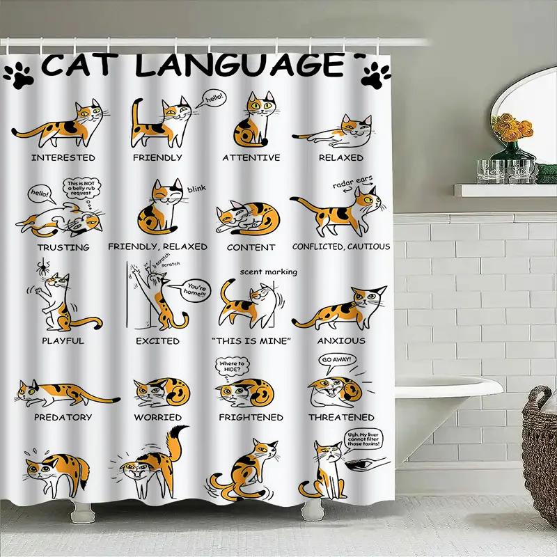 Unleash Your Feline Inner Self With These Adorable Cat Language Shower Curtains A Unique Home Decor Item Featuring Funny Illustr
