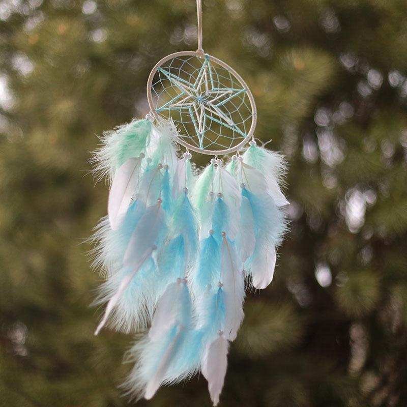 Blue Feathers Star Dream Catcher Handmade Wind Chimes Bedroom Decorations Wall Pendants Window Pendant For Girls Birthday Gifts