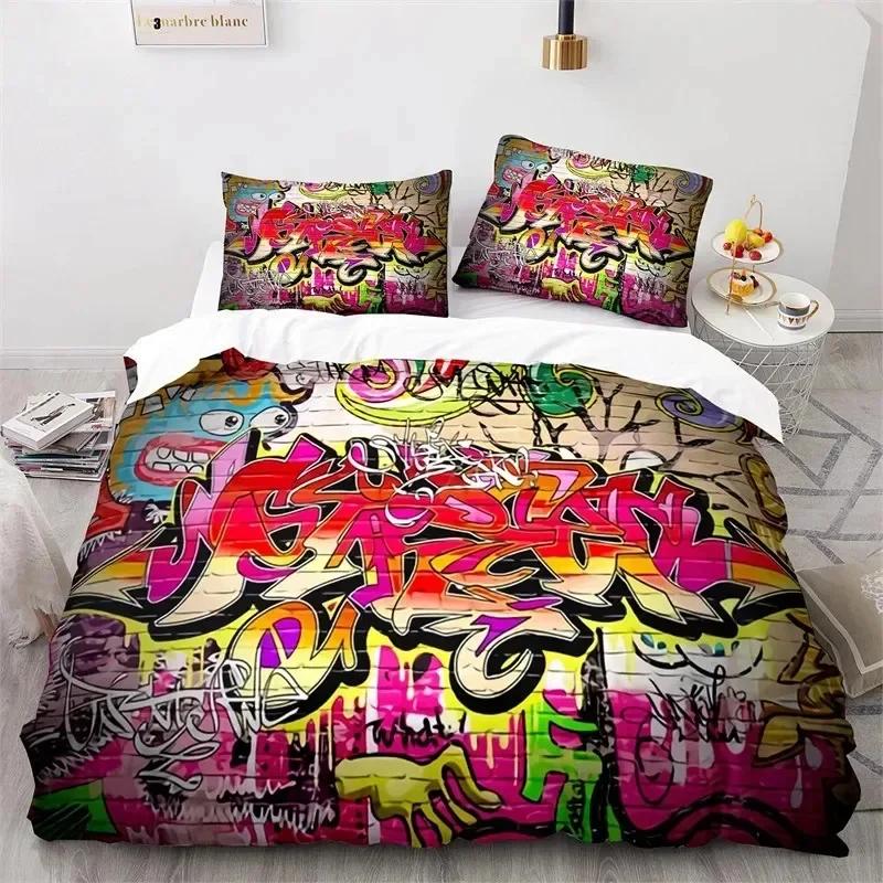 Graffiti Hip Hop Moderní Street Art 3D Povlak na přikrývku Sada povlečení Přikrývka Povlaky na polštáře ze lnu Domácí dekorace Jednolůžko Dvojlůžko Král Královna