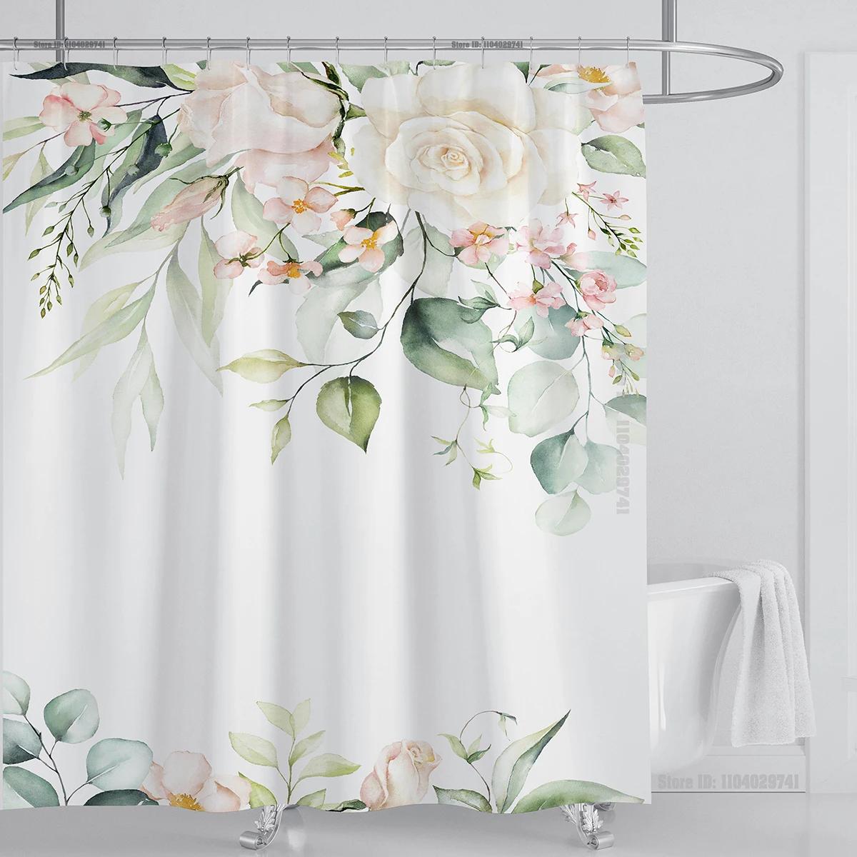 

Watercolor Leaves On The Top Plant With Floral Bathroom Greenery Leaf Decoration Watercolor Botanical Shower Curtain With Hooks W60H190(CM)-1 Pcs