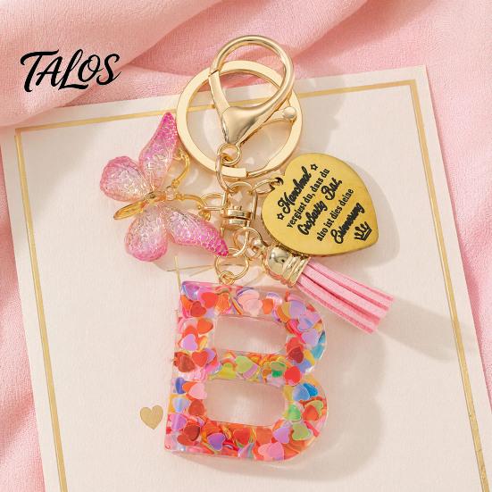 Talos Keychain Pendant, Sequins Initial Letter Charm Key Chain with Butterfly Tassel Stainless Steel Heart Design, A-Z Holder for Bag Purse Backpack