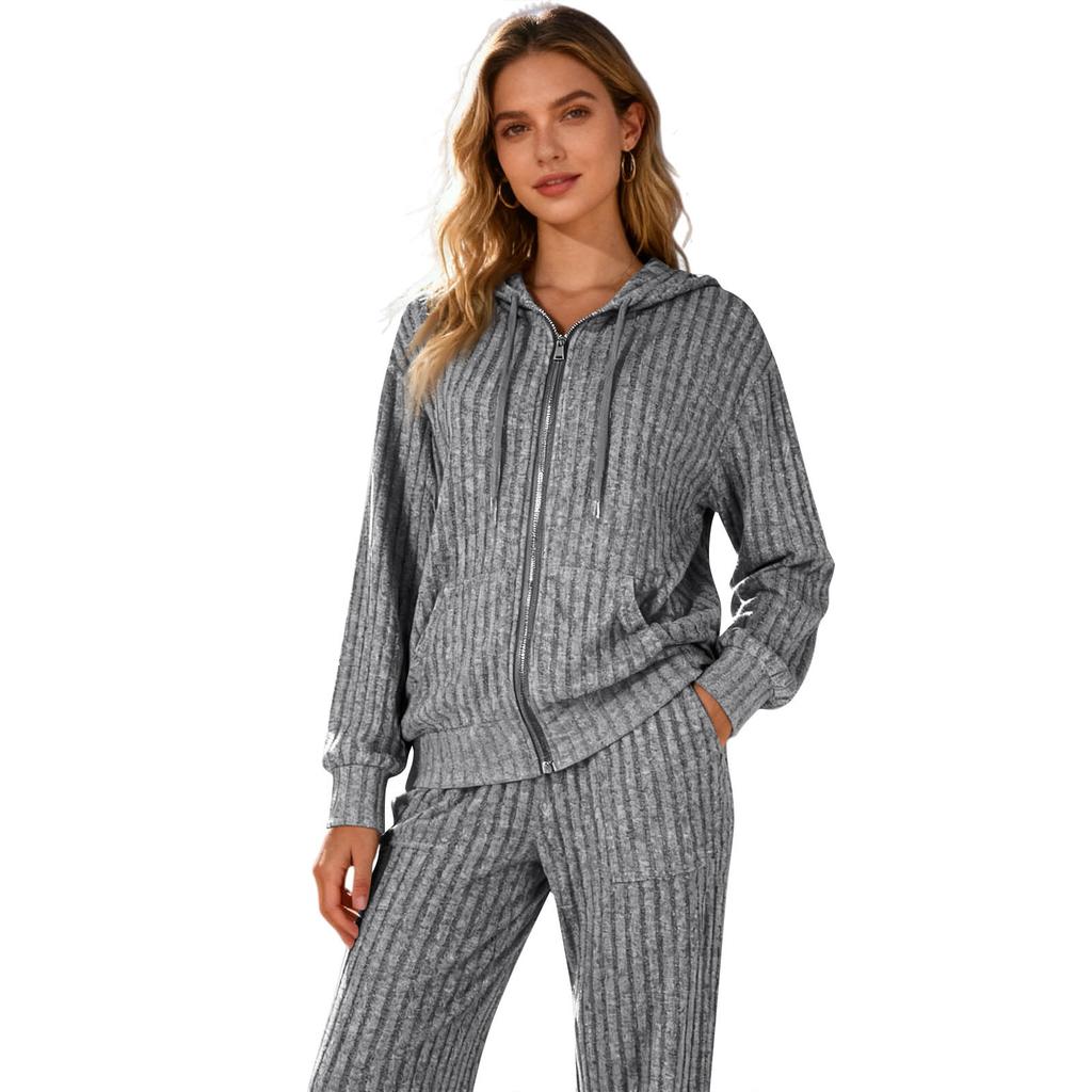 Trainingsanzüge Damen 2-teilig Kapuzenpullover mit Reißverschluss und Taschen & Hose mit elastischem Bund, Weiches, dehnbares Herbst-Winter-Outfit