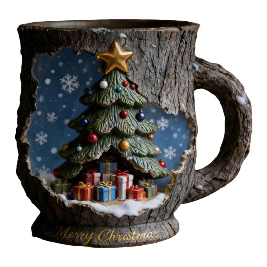 Taza Navideña Festiva Textura Corteza de Árbol 3D Temática Papá Noel Reno Taza de Café Resina Decoración Navideña Regalos Novedosos