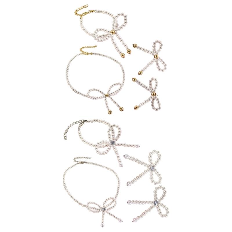 Handmade Butterfly Pendant Jewelry Set Imitation Pearls Beaded Bow Knot Necklace Earrings Bracelet Elegant Accessory