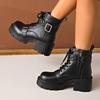 Fashion Women's Leather Rivet Short Top Lace-up Boots, Women's Thick-heeled Large-sized Belt Buckle Motorcycle Boots