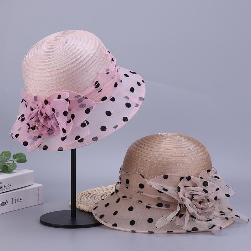 Polka Dot Top Hat Women's Summer Dome Organza Flower Socialite Style Foldable Fisherman Hat Sun Protection Large Brim