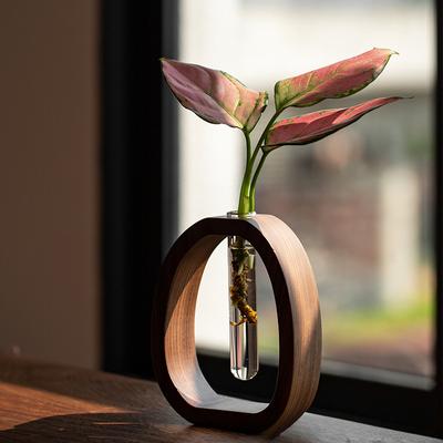 Blumengeschirr aus Massivholz aus Walnuss, kreative Blumenarrangement-Dekoration, schlichter Blumenständer aus Glas, Mini-Vase mit Wasserkultur