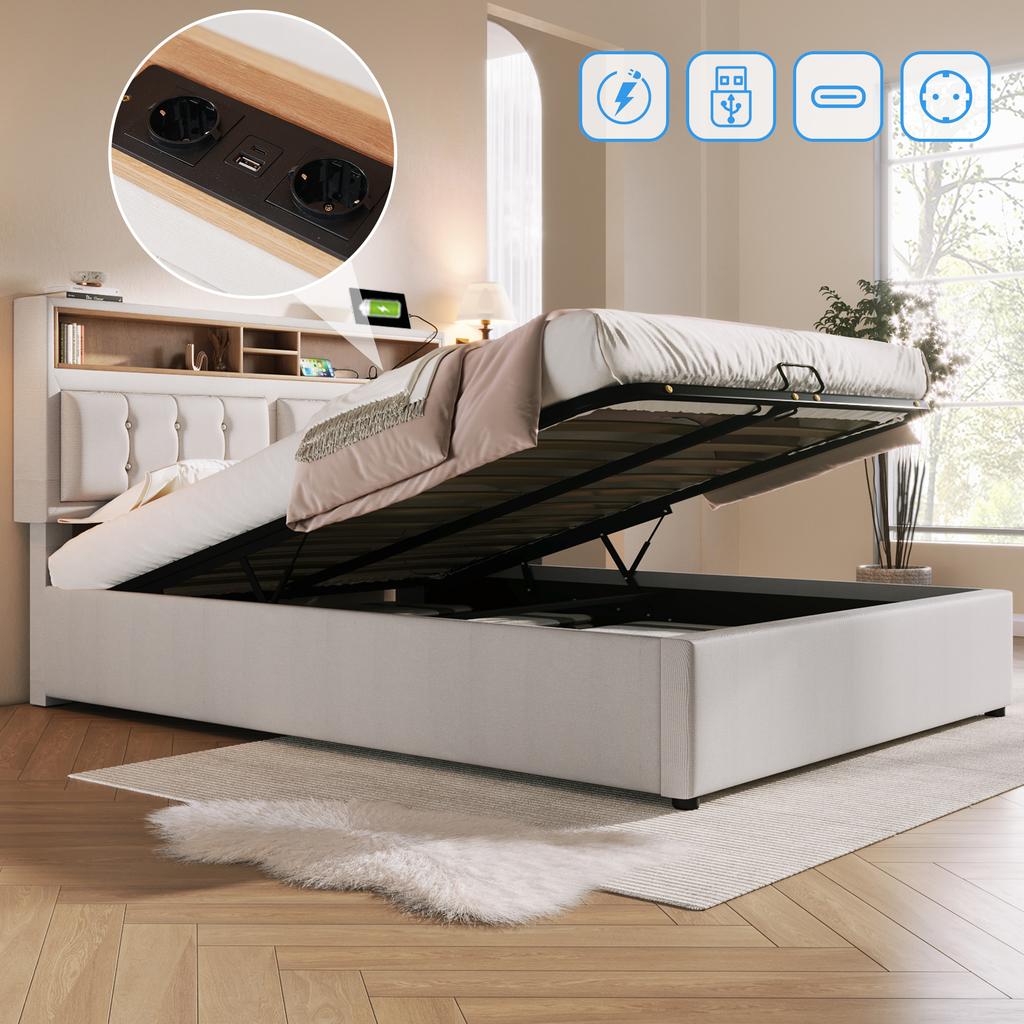 Lit Double Capitonnage avec Tête de Lit Chargeur Prise USB C, Cadre de Rangement en Tissu Lin Lit 140x200 avec Sommier à Lattes (Sans matelas)