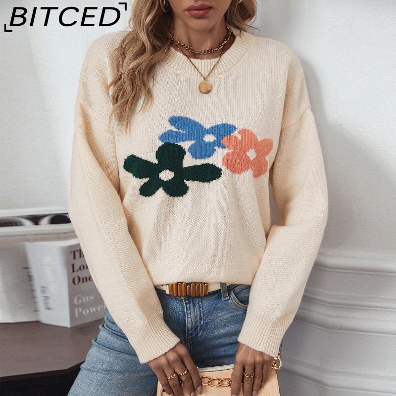 BITCED Floral Sweater Women's Fall/Winter Oversized Fashion Casual O-Neck Knit Top