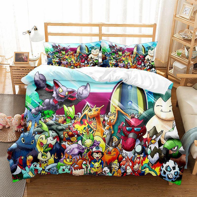 Pokemons Cartoon Anime Bedding Set Kawaii Pikachu Gengar Eevee Charizard Quilt Duvet Cover Pillowcase Kid Bed Set Twin King Size