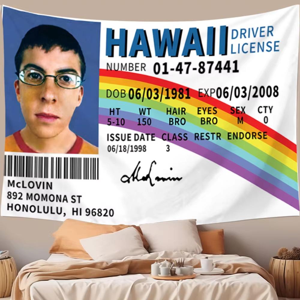 Funny Hawaii Driver License Tapestry Flat Print Rainbow Id Card Wall Hanging For College Dorm Room Decor Meme Humor Poster