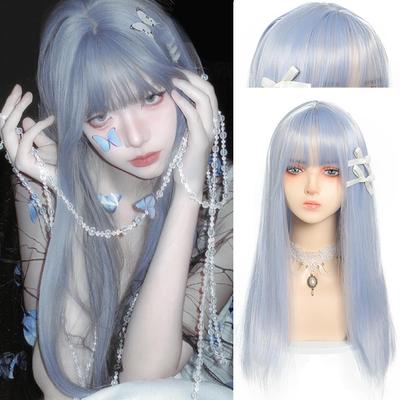 Peluca sintética de pelo largo y liso de color azul grisáceo, peluca Lolita de uso diario para mujer, flequillo recto, peluca larga y lisa de color azul grisáceo