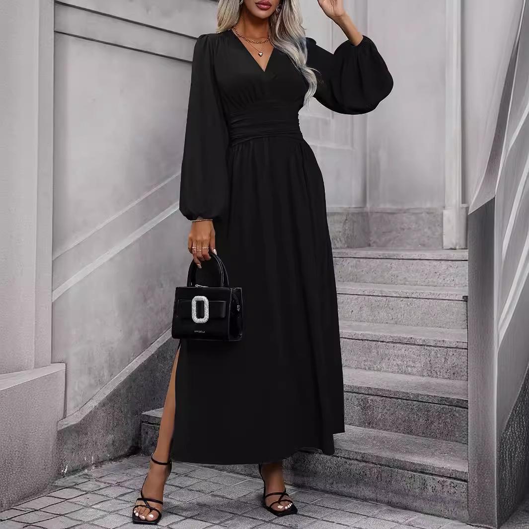 

Длинное платье в европейском и американском стиле с V-образным вырезом - весна/осень, высокая талия, разрез Small чёрный