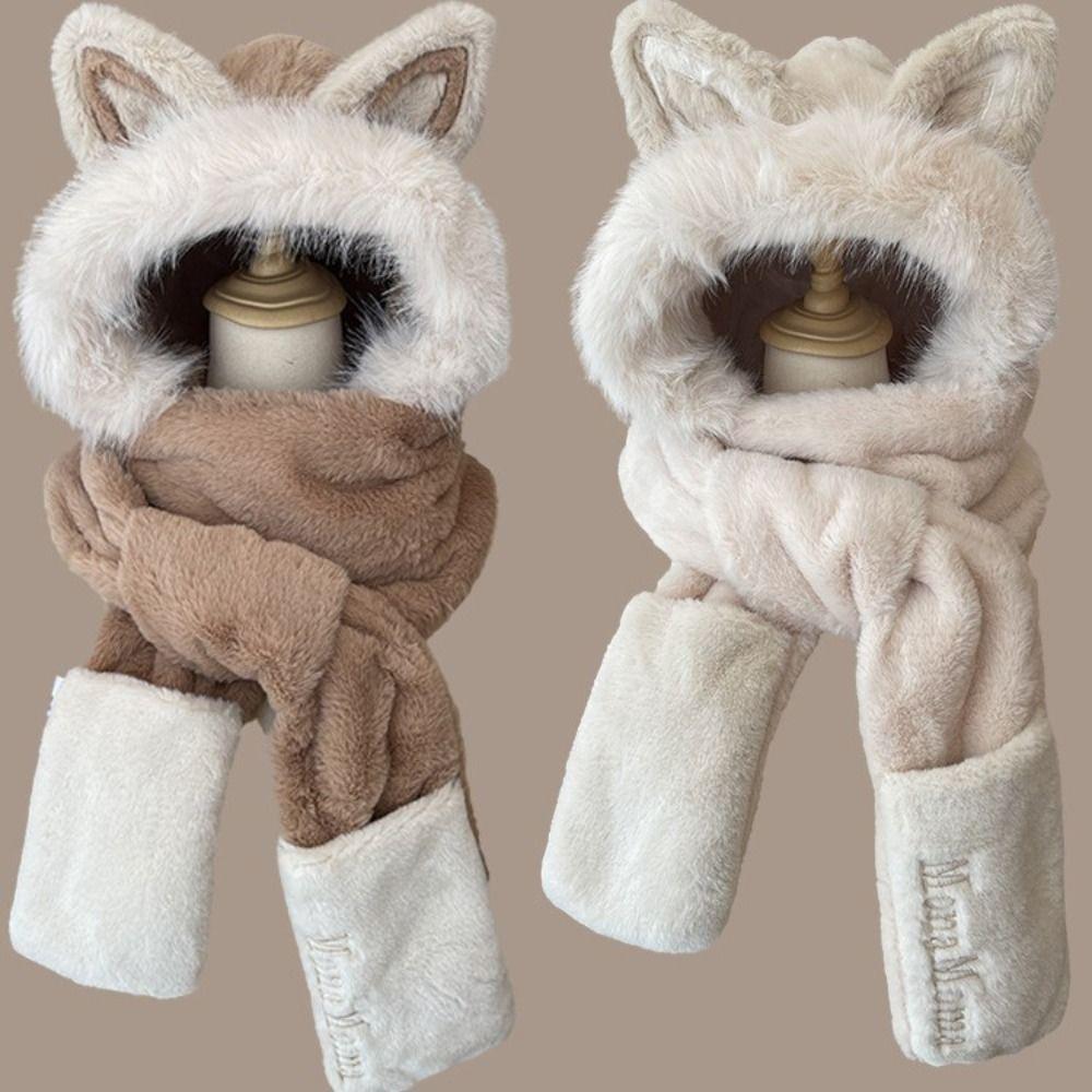 Keep Warm Hat Scarf Gloves Set Plush Integrated Cap Scarf New Women Beanies Cap Cycling