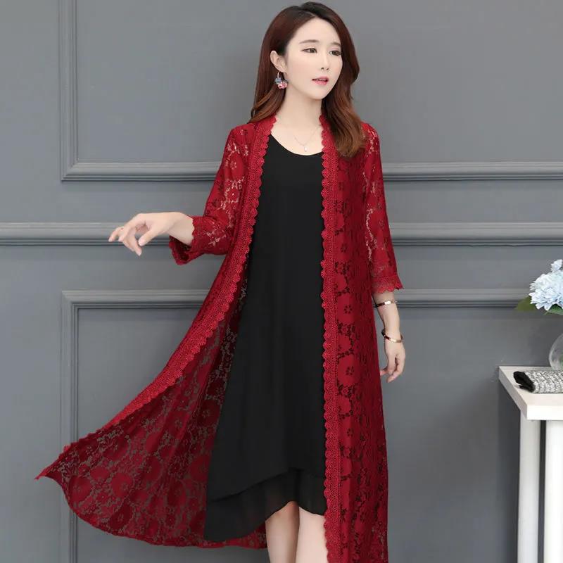 Spitzen-Cardigan, mittellanger Sommer-Mesh-Schal mit lockerer Sonnenschutzkleidung über dem Knie, Damen-Jackenhemd