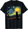 Czarny Kot Gwieździsta Noc Styl Van Gogha Graficzny T-shirt Oddychający Bawełniany Top dla Miłośników Kotów