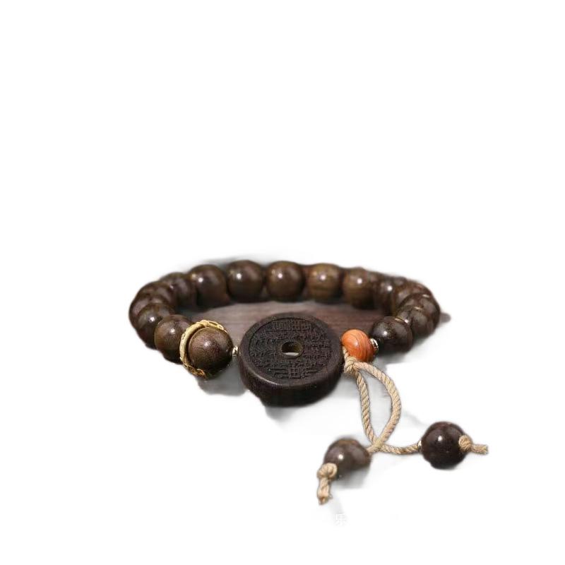 Golden Silk Phoebe Wood Bracelet with Ghost Flower Pendant - Unisex Cultural Prayer Beads