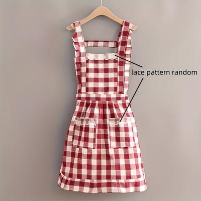Elegant Blue & White Check Cotton Apron - Adjustable Strap, Soft & Breathable, Pockets, Perfect for Home Cooking, All-Season Comfort