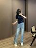 2026 Sommer Damen Trendiges Streetwear Set: Stilvolles Rundhals-Kurzarm-Oberteil & Weitbeinige Jeans