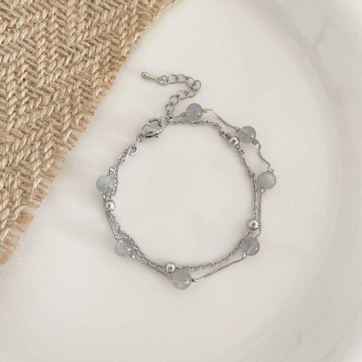 Elegant Moonstone Double-Layer Bracelet with Forest-Style Charm - Sweet, Unique Design Featuring Grey Moonstone Beads