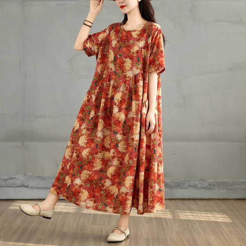 

DIMANAF 2025 Летнее платье большого размера Женское повседневное винтажное длинное платье с цветочным принтом Свободное платье-рубашка Макси XL оранжевый