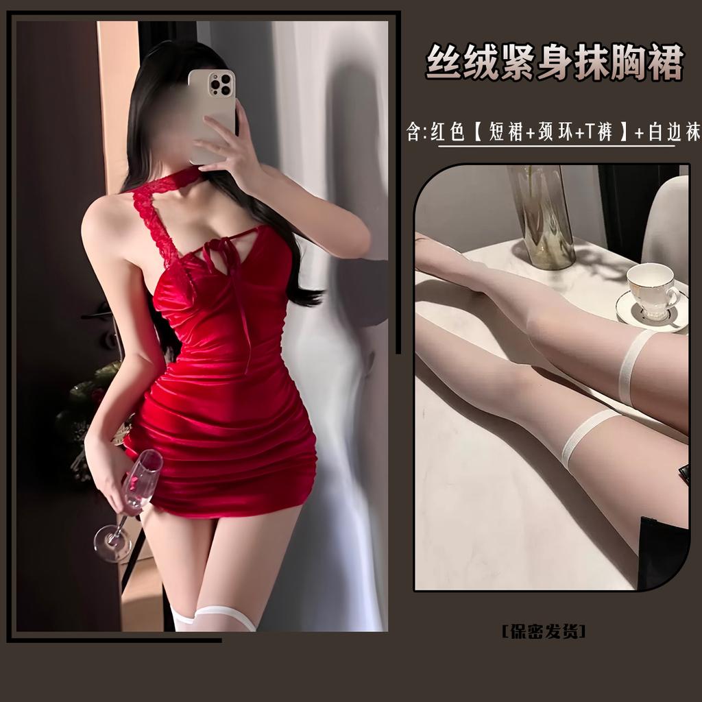 Man Yu original erotic underwear off-the-shoulder beautiful back red Christmas outfit tube top pleated pure desire hip skirt 8014