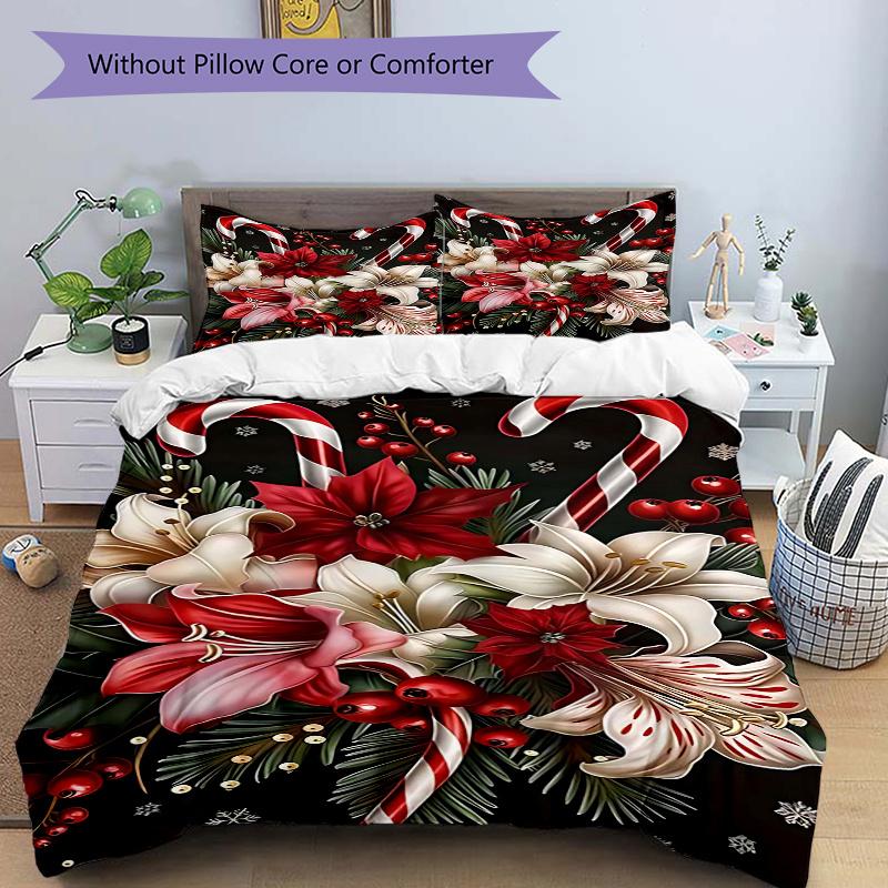 

3pcs Christmas Candy and Flowers Printed Quilt Set, Includes 1 Quilt Cover and 2 Pillowcases 135x200cm