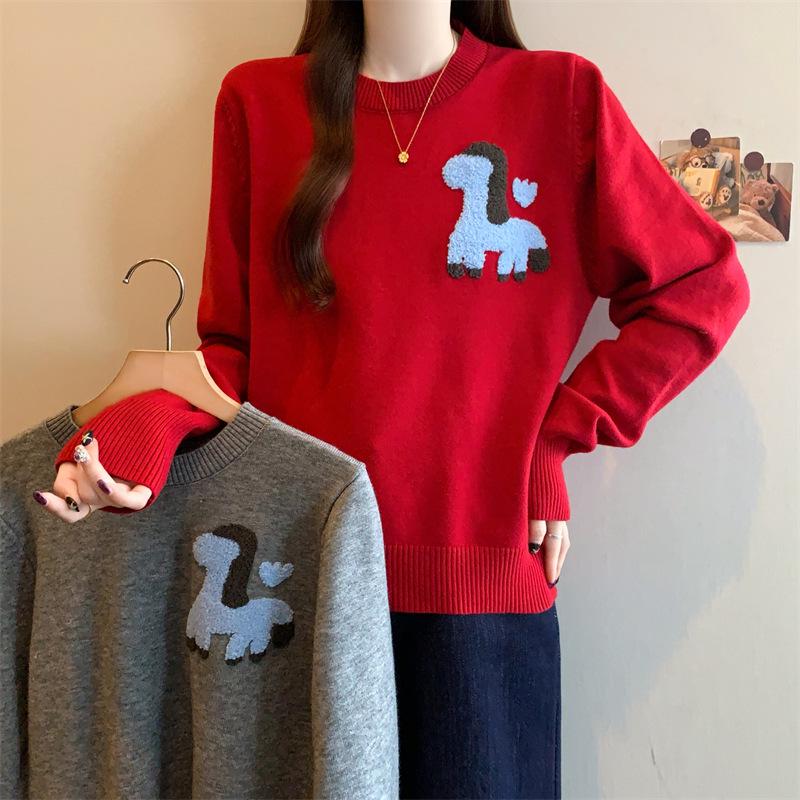2026 Spring Plus Size Women s Red Pony Embroidery Knitwear Versatile Sweater 2XL