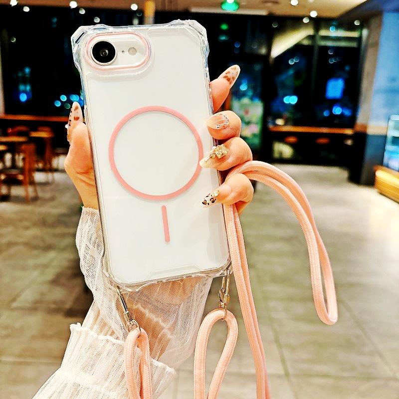 

Strap Magnetic Case For iPhone 17 16 Pro Max 15 14 Plus 13 12 16E Shockproof Four Corner Hook Crossbody Lanyard Cord Clear Cover for iPhone 16&Case & Strap