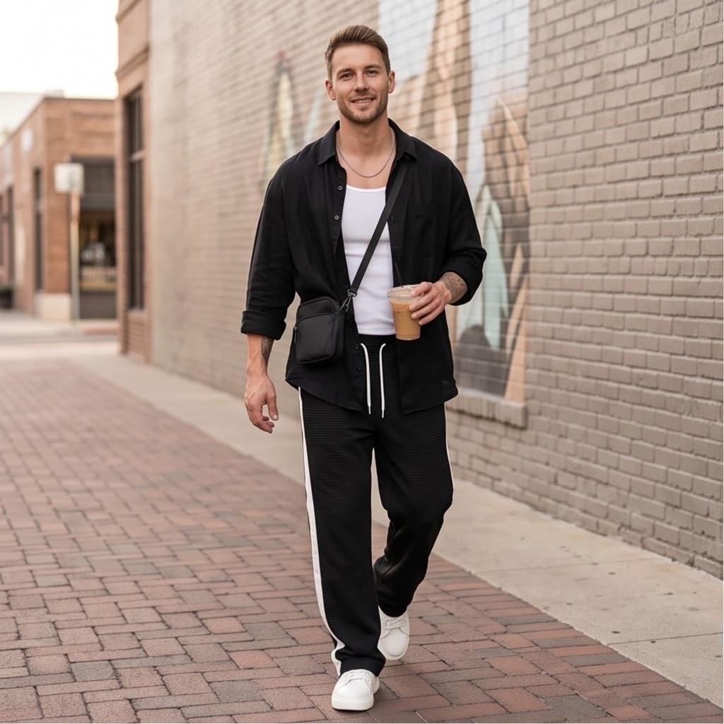 Men's Loose Fit Straight Leg Casual Pants with Stripe Pattern
