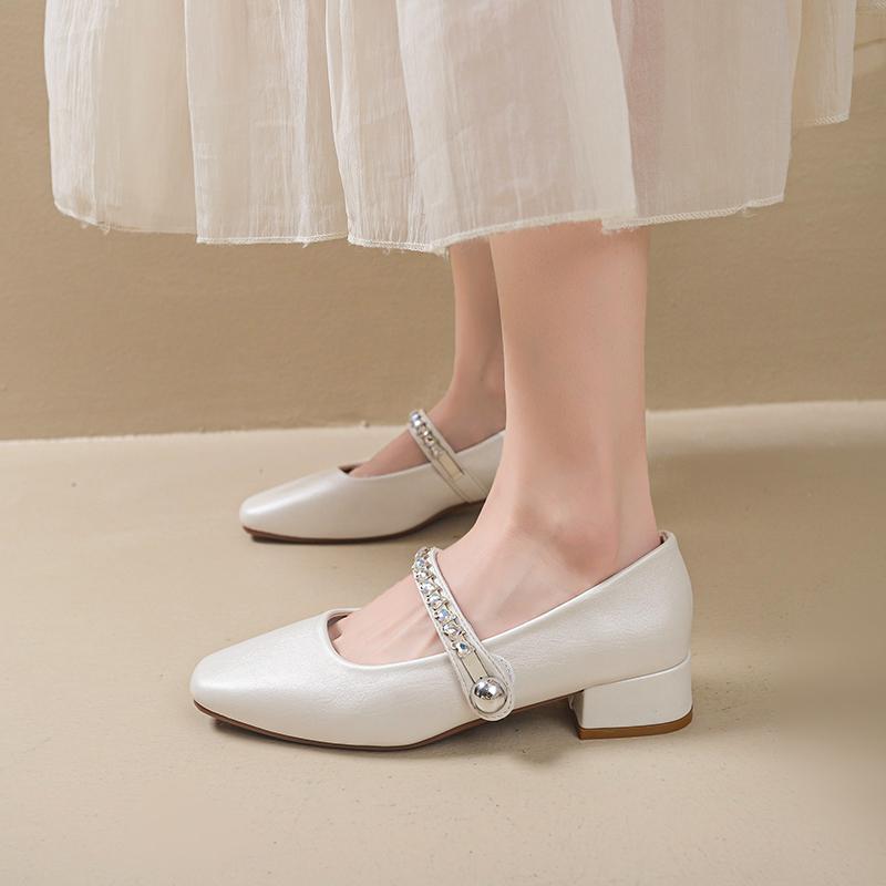 

Fashion 2025 New High Quality Mary Jane Womens Shoes One Strap Slimming Square Toe Low Heel Pumps Slip on Festival Gift for Couple 34 бежевый