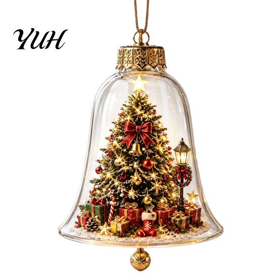 Vintage Christmas Tree Decor 3D Bell Ornament, Winter Scene Clear Decoration with Santa Holiday Home Atmosphere Enhancements Snowman Reindeer