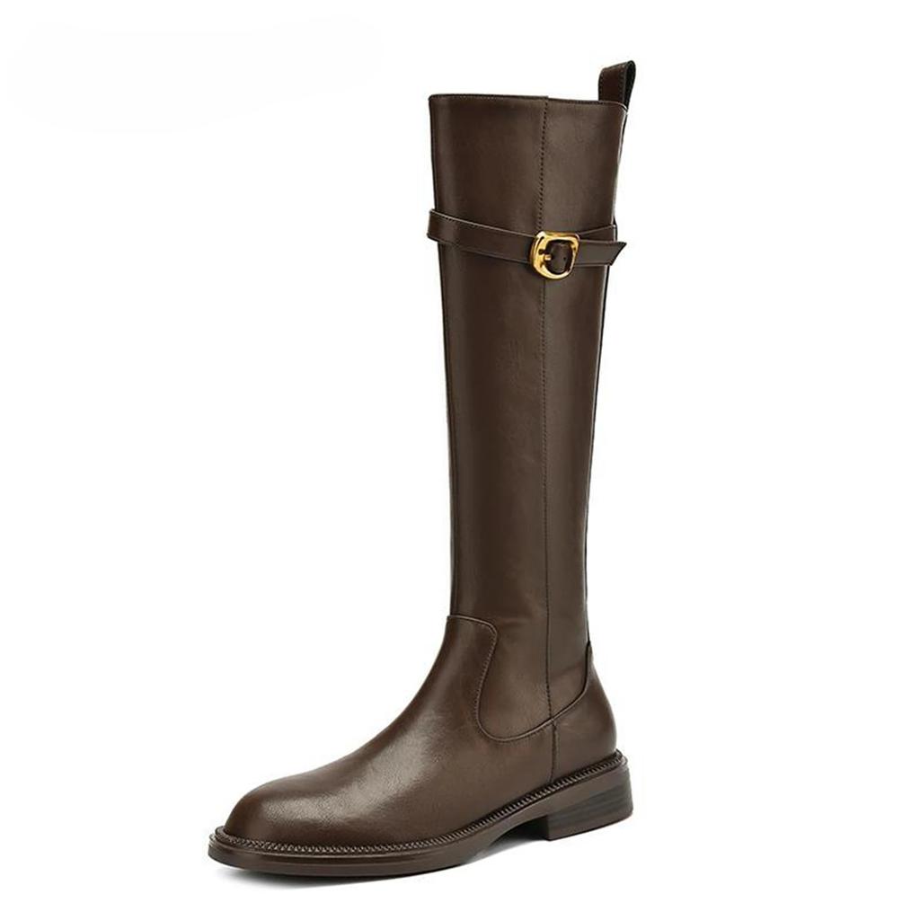 NEW Pot Cow Skin Round Toe Thick Low Heels Riding Boots British School Zipper High Street Fashion Luxury Thigh High Boots