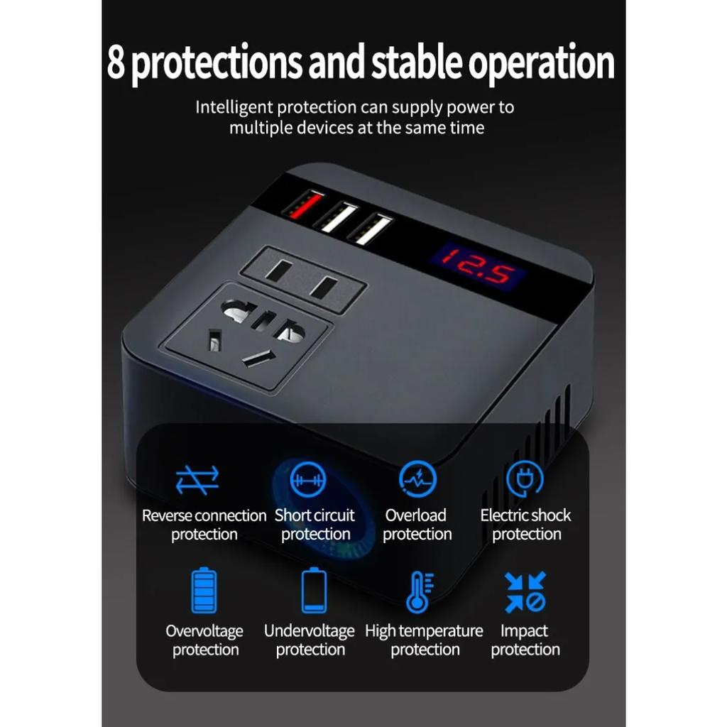 Car Inverter 150W Peak DC12V/24V To 110V/220V LED Display Sockets Power Inverter Adaptor Fast Charging