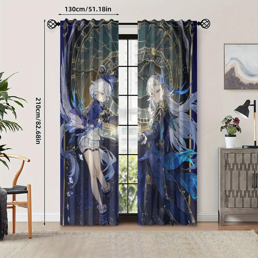 2PC Adorable Genshin Impact Characters Funny Semi-Sheer Polyester Curtains Easy Install for Living Room Bedroom Home Decor