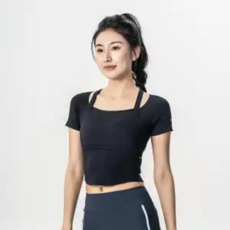 Women Pink Ribbed Yoga Top Square Neck Short Sleeve Crop Tee