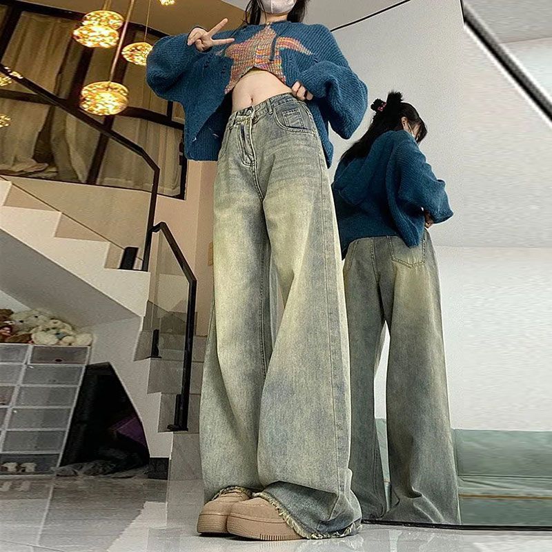 Cor nostálgica jeans retrô feminino design ins senso de design borda áspera pequena solto e fino reto perna larga calças moda