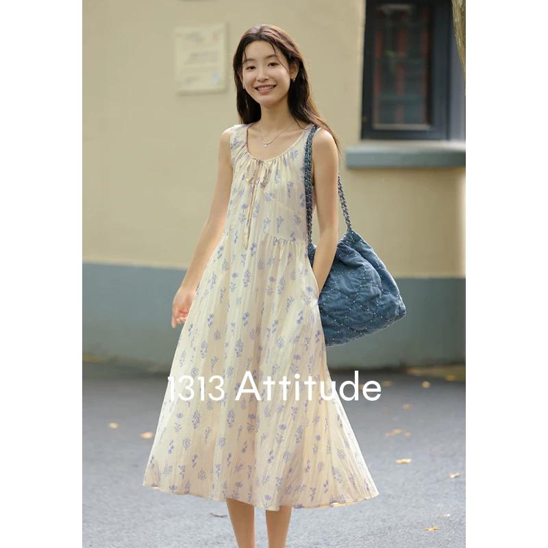 Literary champagne apricot floral dress summer women s lace-up collection L