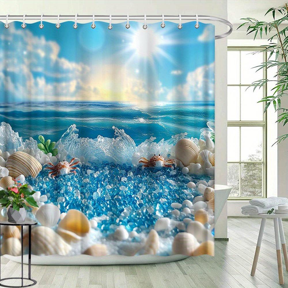 Happy Adults Toys Ocean Scenery Beach Shower Curtain-Lifelike Waves,Crabs & Shells,Vivid Animal Beach Scene,Artistic Nature Combo,Polyester Decor